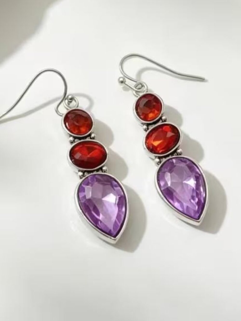 AMETHYST & GARNET CZ SILVERY DROP EARRINGS N